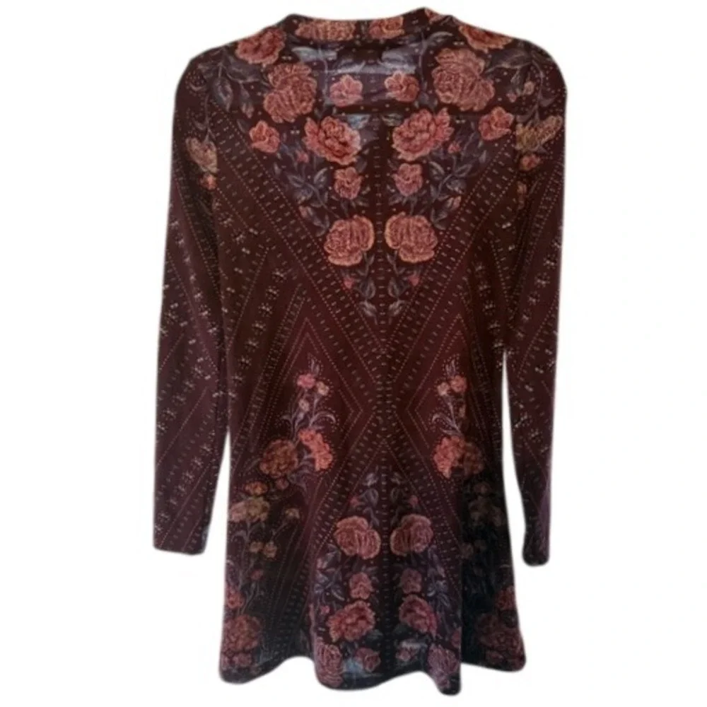 About A‎ Girl Women's Small Purple Floral Lace Up V Neck Tunic Boho Long Sleeve